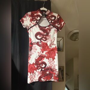 Elegant Red and White Dragon Print Dress